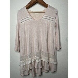 Cirana Tunic Blush and beige, lace crochet trim,  3/4 sleeve Medium